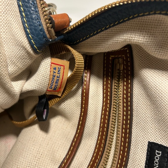 Dooney & Bourke Pebble Grain Leather Satchel Navy Blue Tan Trim Crossbody Purse - Picture 14 of 16